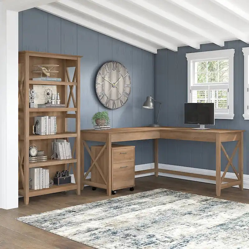 Key West 60W L Desk with File Cabinet and Bookcase by Bush Furniture