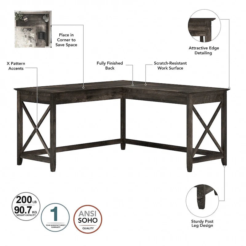 Key West 60W L Desk with File Cabinet and Bookcase by Bush Furniture