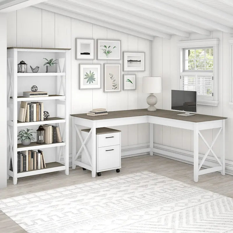 Key West 60W L Desk with File Cabinet and Bookcase by Bush Furniture