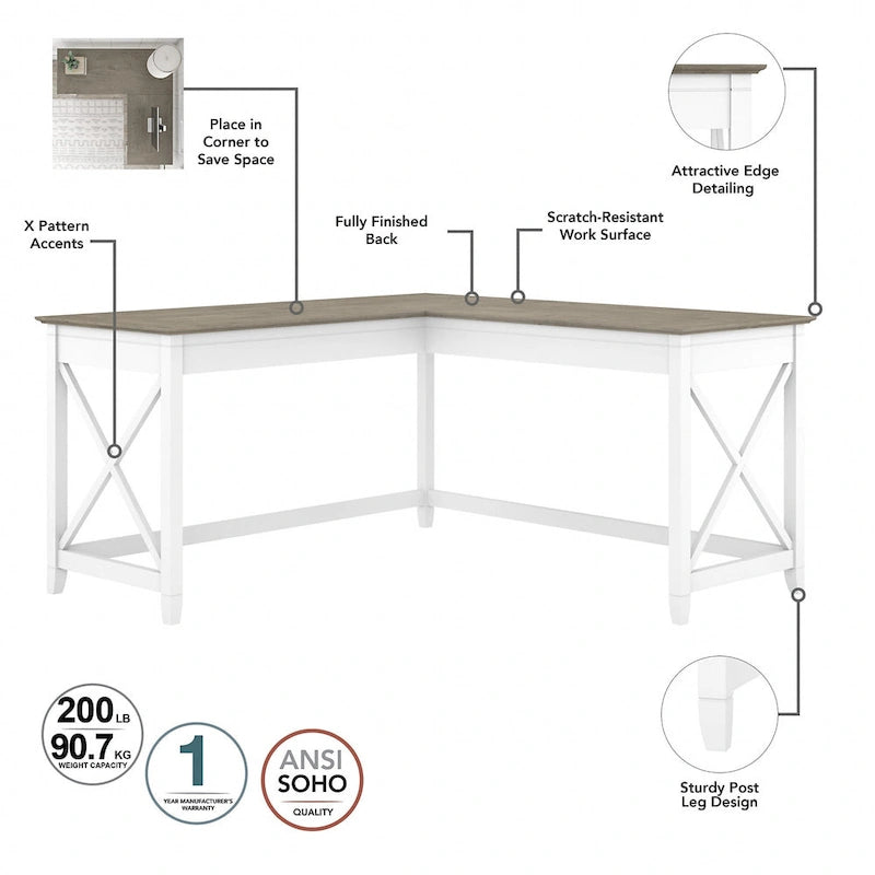 Key West 60W L Desk with File Cabinet and Bookcase by Bush Furniture