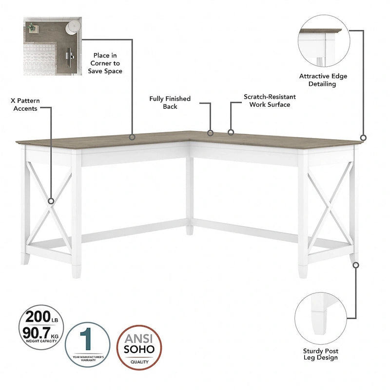 Key West 60W L Desk with File Cabinet and Bookcase by Bush Furniture