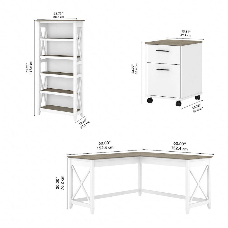 Key West 60W L Desk with File Cabinet and Bookcase by Bush Furniture