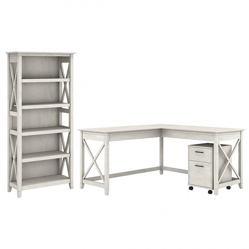 Key West 60W L Desk with File Cabinet and Bookcase by Bush Furniture