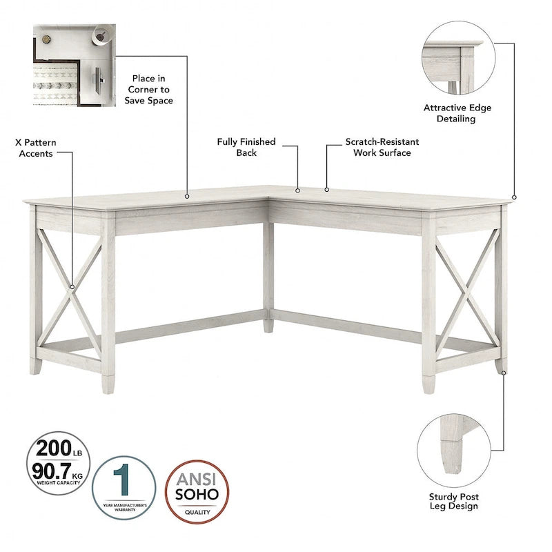 Key West 60W L Desk with File Cabinet and Bookcase by Bush Furniture