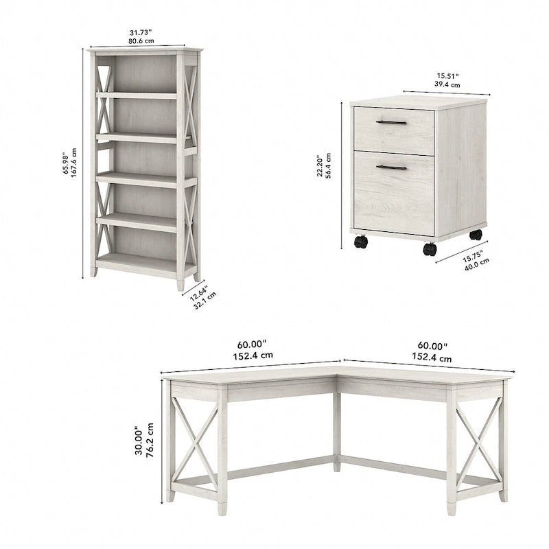 Key West 60W L Desk with File Cabinet and Bookcase by Bush Furniture