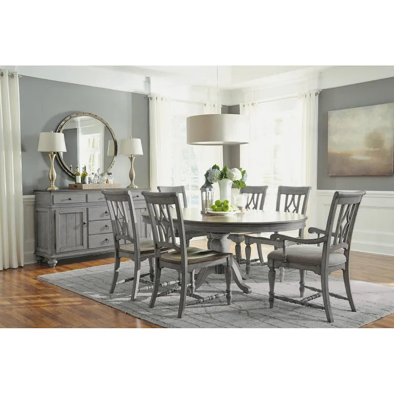Gray and Brown Wood Pedestal Dining Table with Leaf - 54 Inch Expandable for 4-6 People
