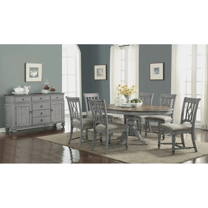 Gray and Brown Wood Pedestal Dining Table with Leaf - 54 Inch Expandable for 4-6 People