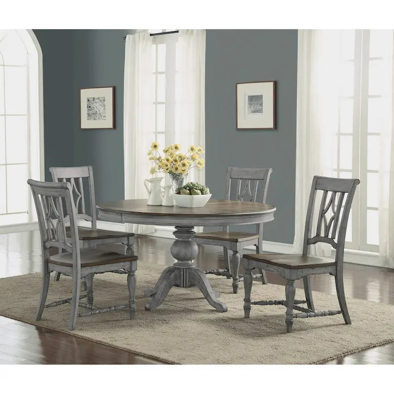 Gray and Brown Wood Pedestal Dining Table with Leaf - 54 Inch Expandable for 4-6 People