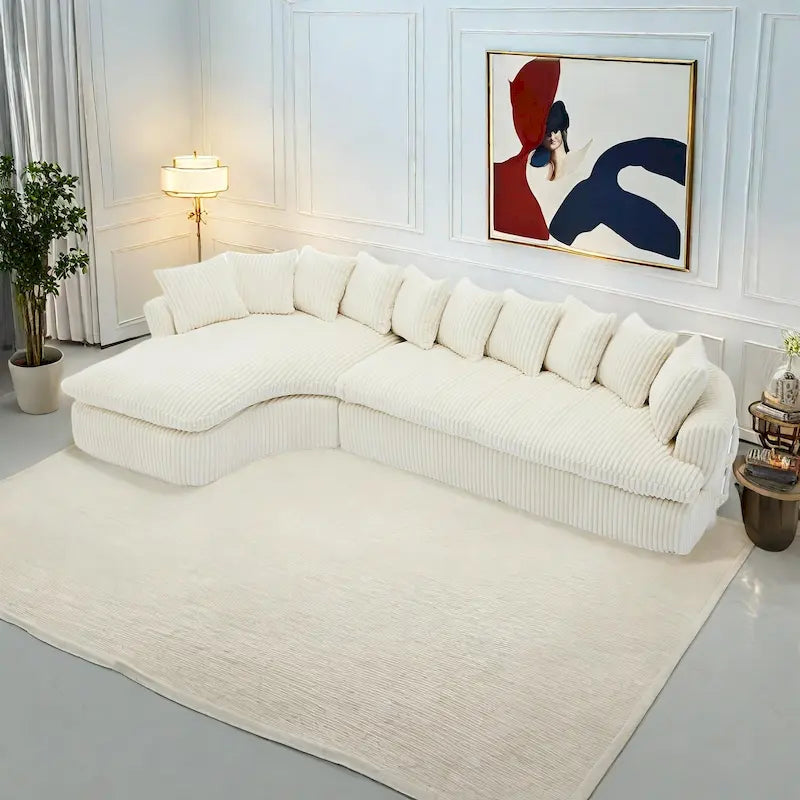 127 Large Corduroy Upholstered L-Shape Modular Sectional Sofa with 10 Pillows, High-Resilience Foam, No Assembly Required