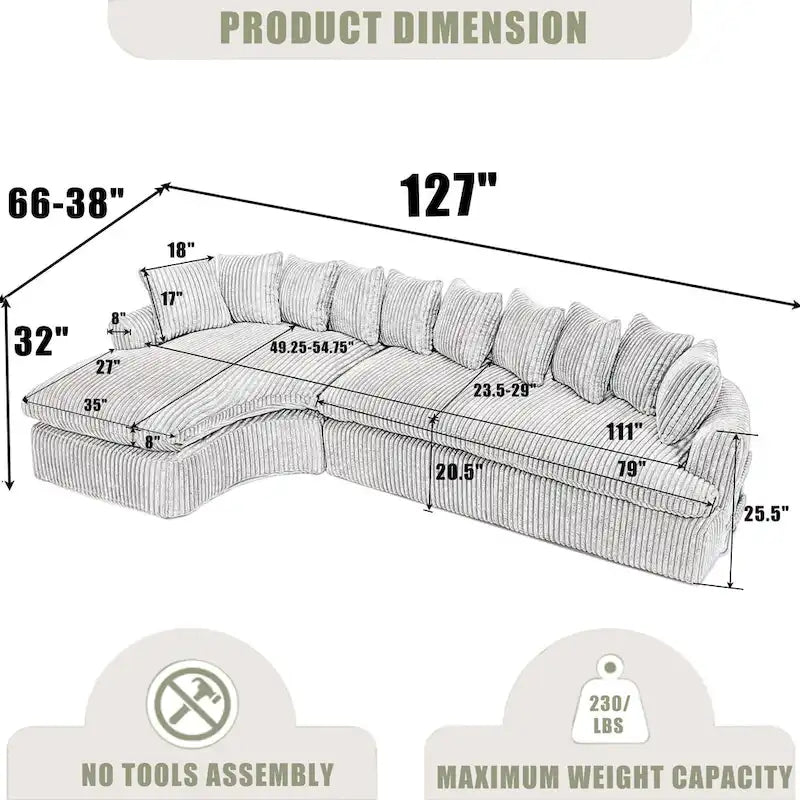 127 Large Corduroy Upholstered L-Shape Modular Sectional Sofa with 10 Pillows, High-Resilience Foam, No Assembly Required