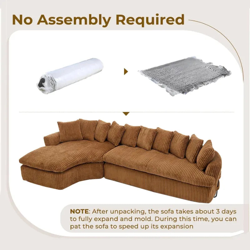 127 Large Corduroy Upholstered L-Shape Modular Sectional Sofa with 10 Pillows, High-Resilience Foam, No Assembly Required