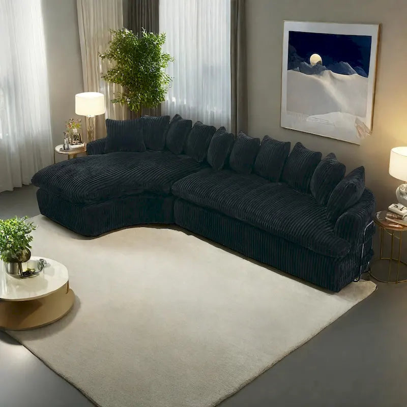 127 Large Corduroy Upholstered L-Shape Modular Sectional Sofa with 10 Pillows, High-Resilience Foam, No Assembly Required