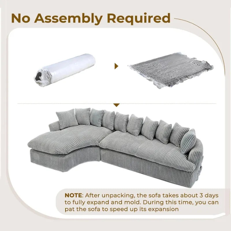 127 Large Corduroy Upholstered L-Shape Modular Sectional Sofa with 10 Pillows, High-Resilience Foam, No Assembly Required