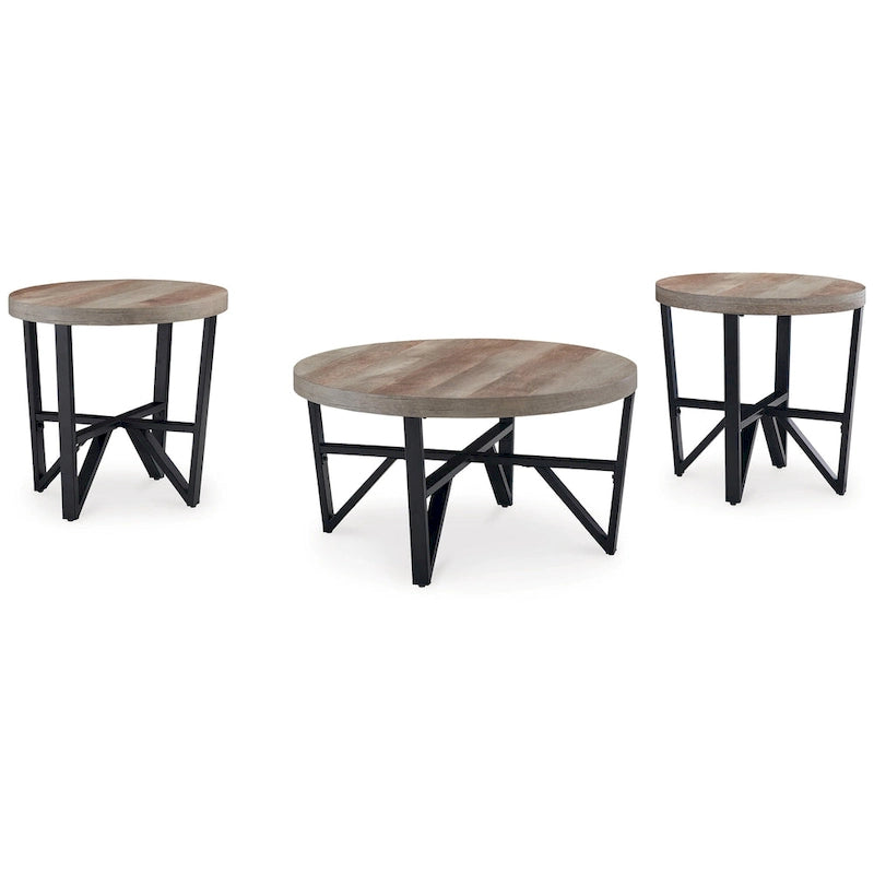 Hya 3pc Coffee and End Table Set, Brown Wood Round Top, Black Angular