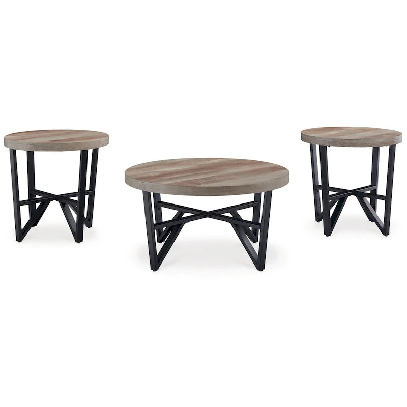 Hya 3pc Coffee and End Table Set, Brown Wood Round Top, Black Angular