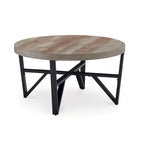 Hya 3pc Coffee and End Table Set, Brown Wood Round Top, Black Angular