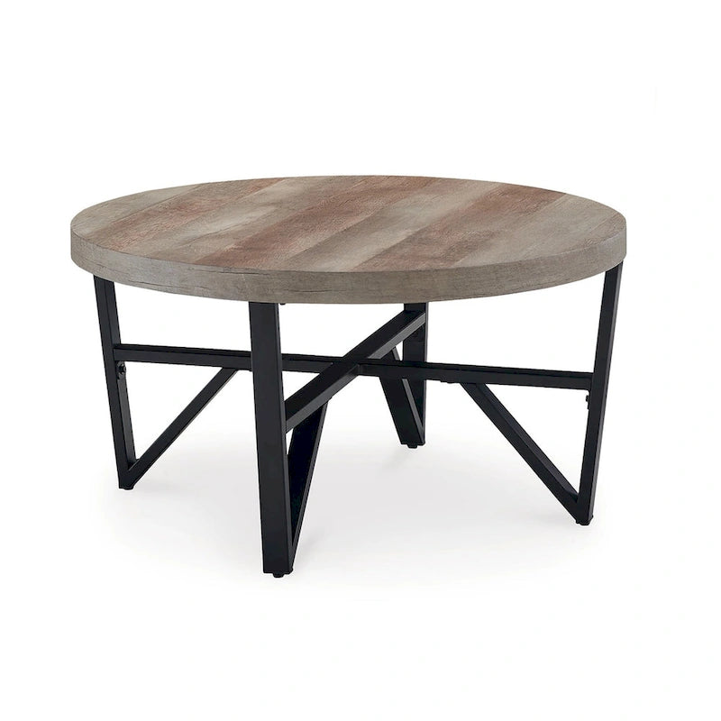Hya 3pc Coffee and End Table Set, Brown Wood Round Top, Black Angular