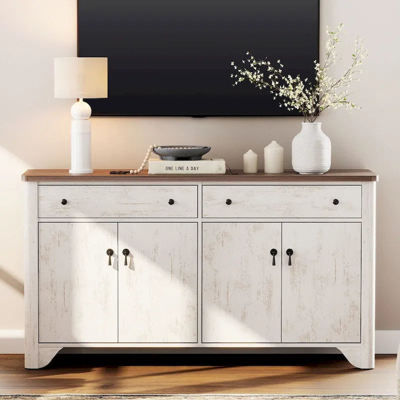 WAMPAT 59 Farmhouse TV Stand for 65 inch TV, Wood Entertainment Center with 2 Drawers and Storage Cabinets, Adjustable Shelves