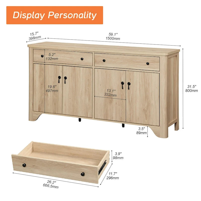 WAMPAT 59 Farmhouse TV Stand for 65 inch TV, Wood Entertainment Center with 2 Drawers and Storage Cabinets, Adjustable Shelves