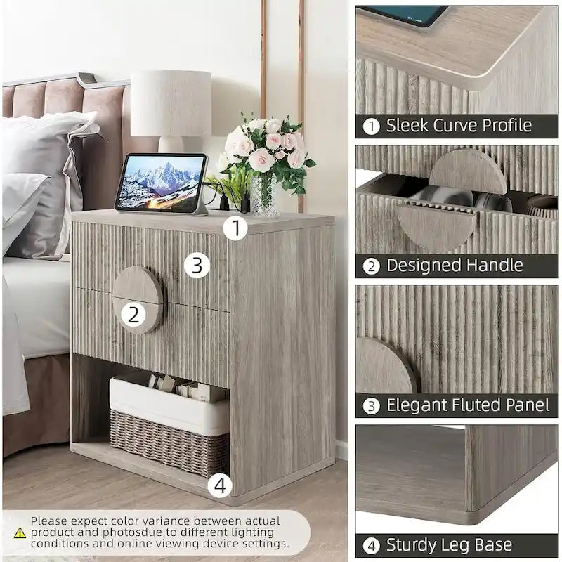 Nightstand Wide Fluted Nightstand with Charging Station