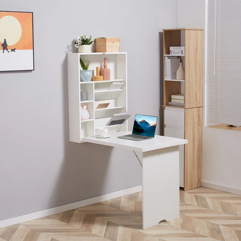 Modern Wall Mounted Foldable Desk with Adjustable Shelves and Ample Storage for Small Spaces and Home Offices