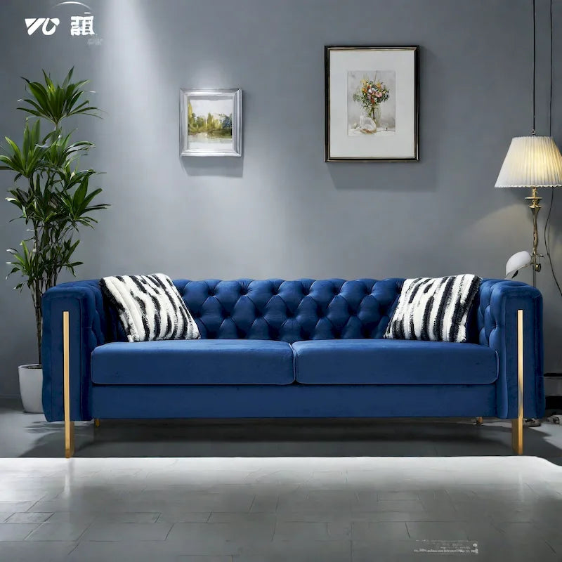 84.25 Velvet 3-Seater Sofa with Button Tufting, Gold Metal Legs, Pocket Spring And Foam Cushioning, 700 lb Capacity