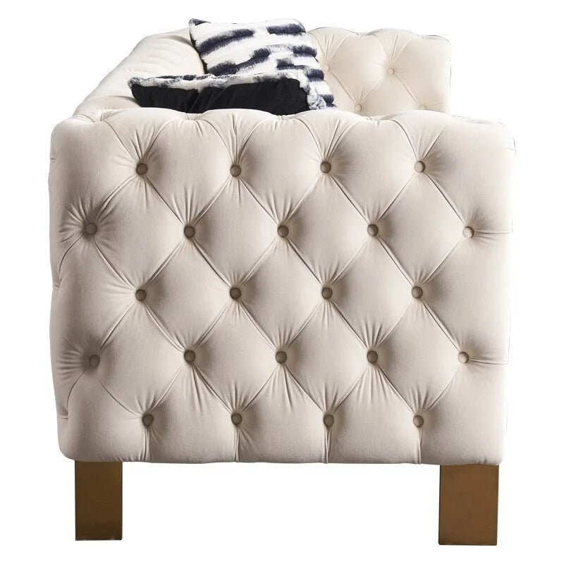 84.25 Velvet 3-Seater Sofa with Button Tufting, Gold Metal Legs, Pocket Spring And Foam Cushioning, 700 lb Capacity