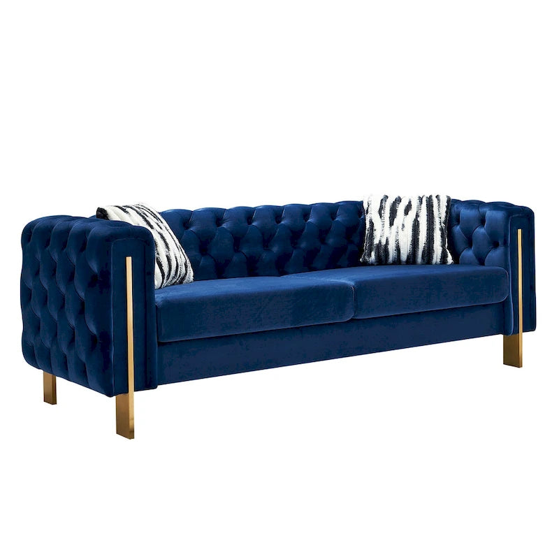 84.25 Velvet 3-Seater Sofa with Button Tufting, Gold Metal Legs, Pocket Spring And Foam Cushioning, 700 lb Capacity