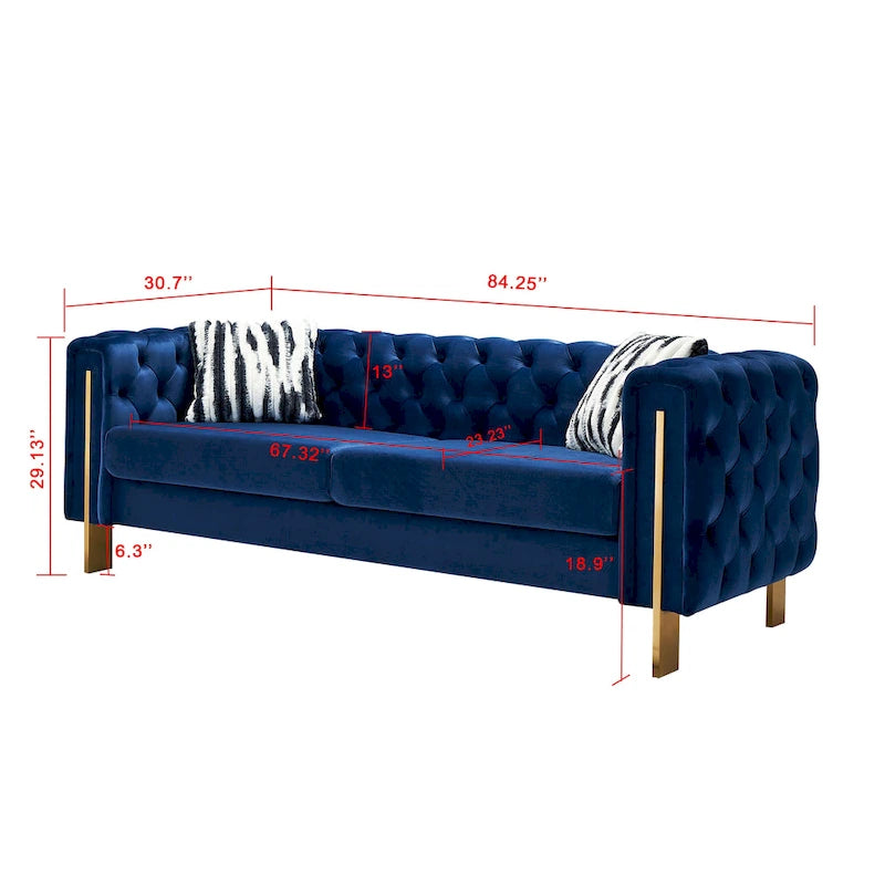 84.25 Velvet 3-Seater Sofa with Button Tufting, Gold Metal Legs, Pocket Spring And Foam Cushioning, 700 lb Capacity