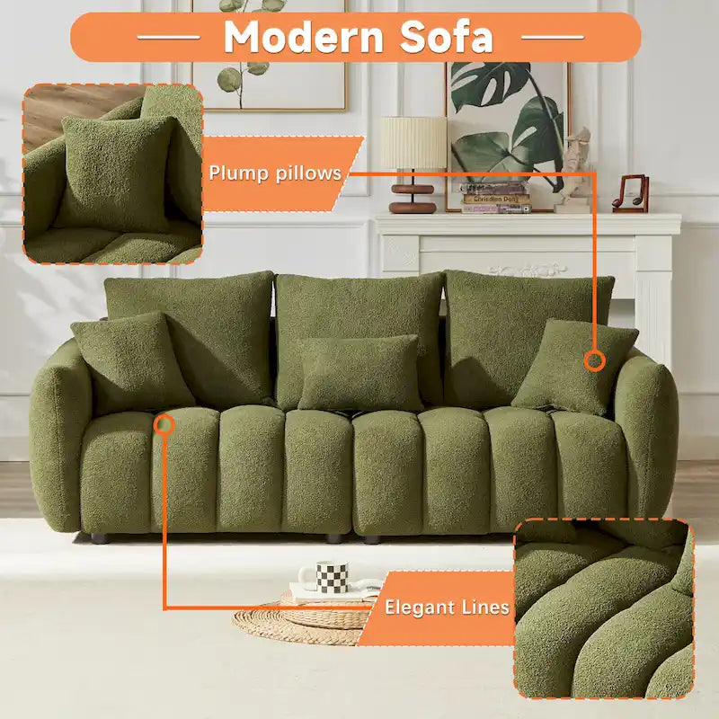 2-Pieces 6-Seat Teddy Fabric Sectional Sofa Set (3+3) with Wooden Frame & 6 Pillows