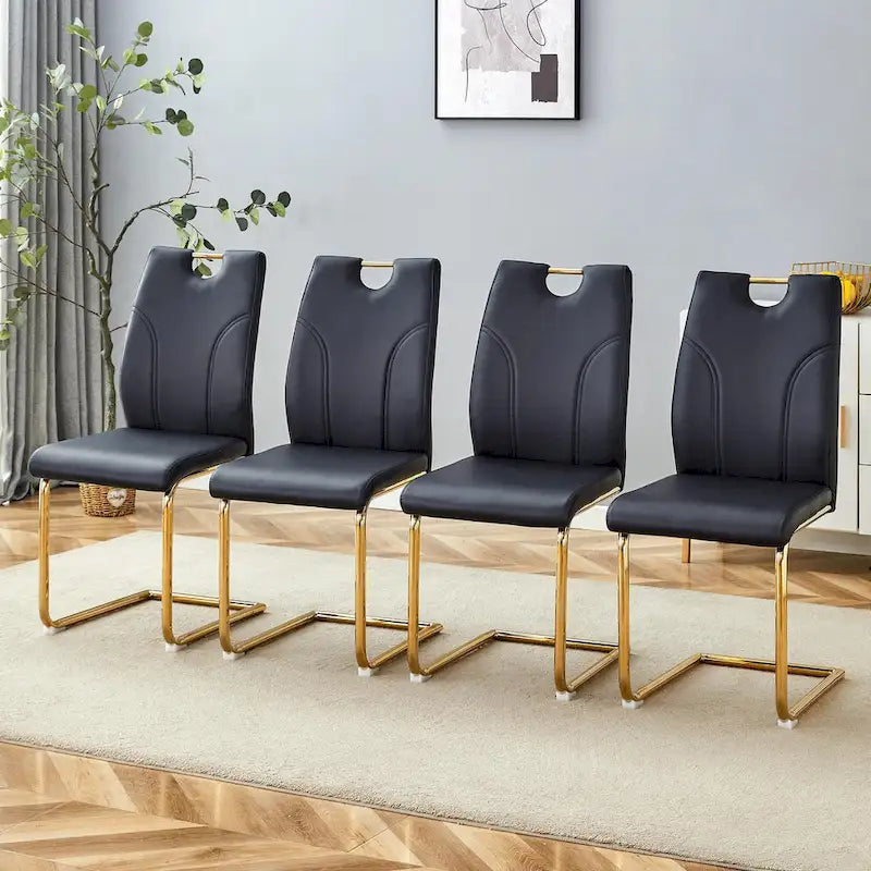 PU Dining Chair Set, Uniquely Designed Black Dining Chairs, Pu Material, Paired With Gold Metal Chair Legs (Set Of 4)