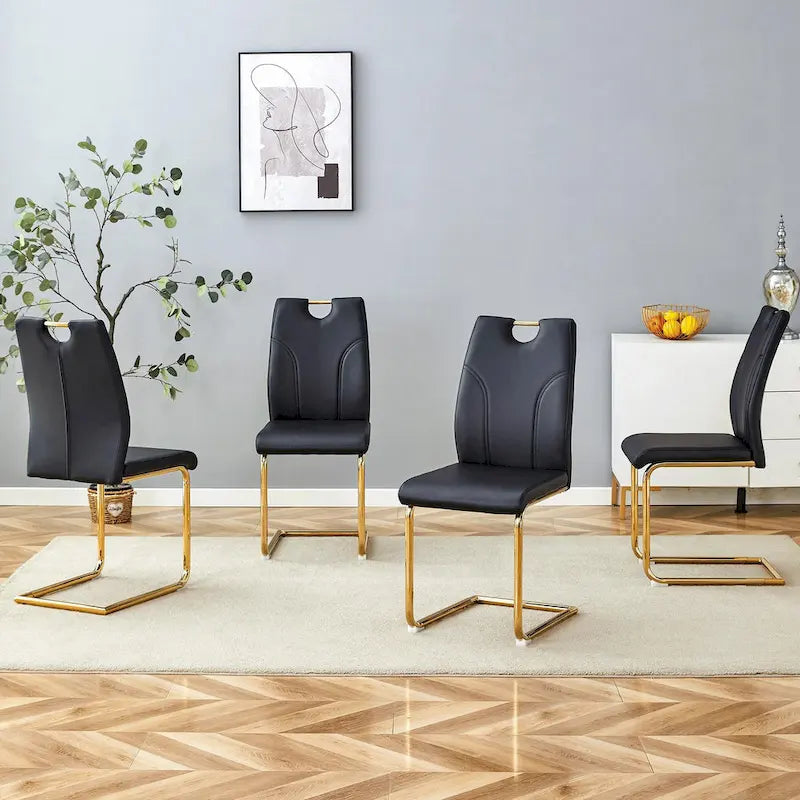 PU Dining Chair Set, Uniquely Designed Black Dining Chairs, Pu Material, Paired With Gold Metal Chair Legs (Set Of 4)