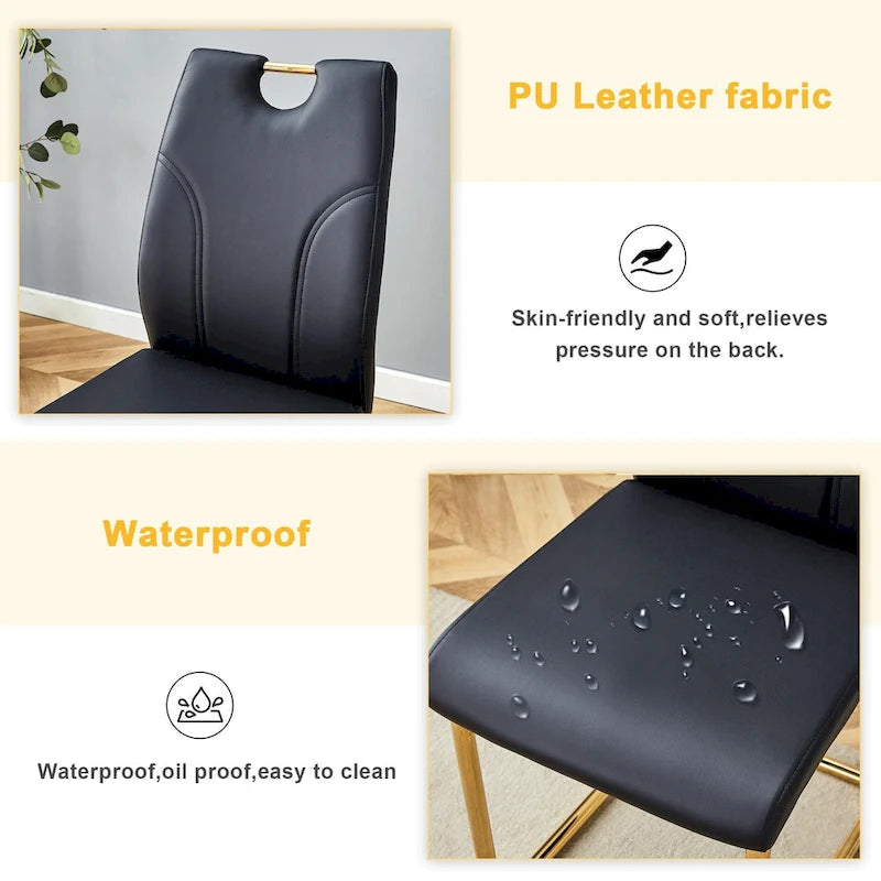 PU Dining Chair Set, Uniquely Designed Black Dining Chairs, Pu Material, Paired With Gold Metal Chair Legs (Set Of 4)