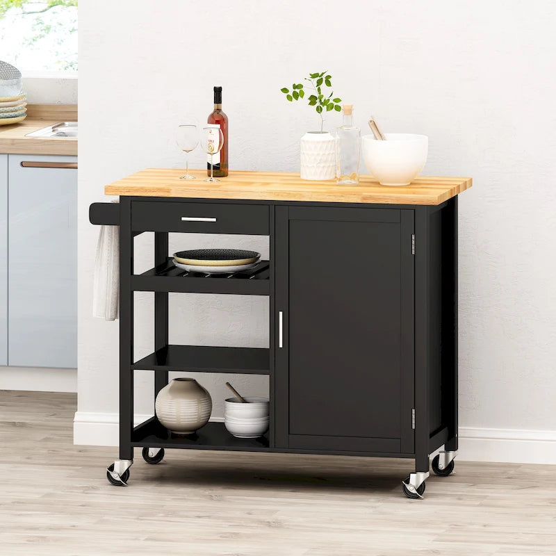 Kitchen Island Cart With Lockable Wheels, Utility Kitchen Cart With 1 Drawer, 3 Open Storage Shelves And Cabinet