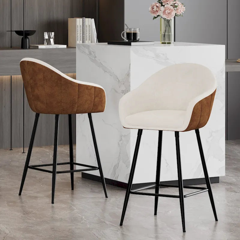 Roomfitters 26.5 Modern Upholstered Counter Stools, Set of 2 Bar Height Chairs with Metal Legs and Cushioned Seat, Beige+Brown
