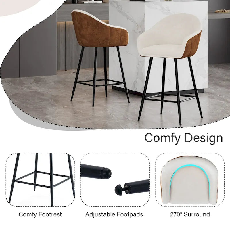 Roomfitters 26.5 Modern Upholstered Counter Stools, Set of 2 Bar Height Chairs with Metal Legs and Cushioned Seat, Beige+Brown