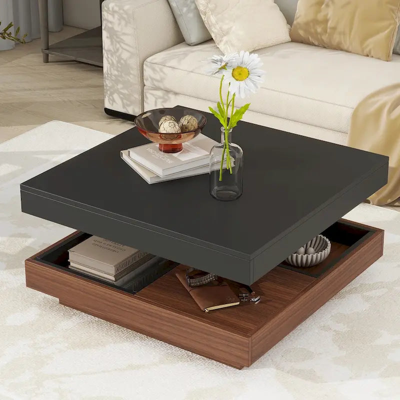 Modern 2-Tier Square 360Rotating Coffee Table with 3 Detachable Tray