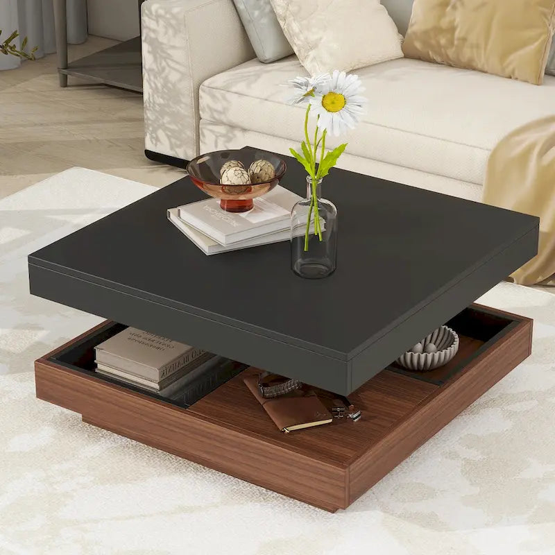 Modern 2-Tier Square 360Rotating Coffee Table with 3 Detachable Tray