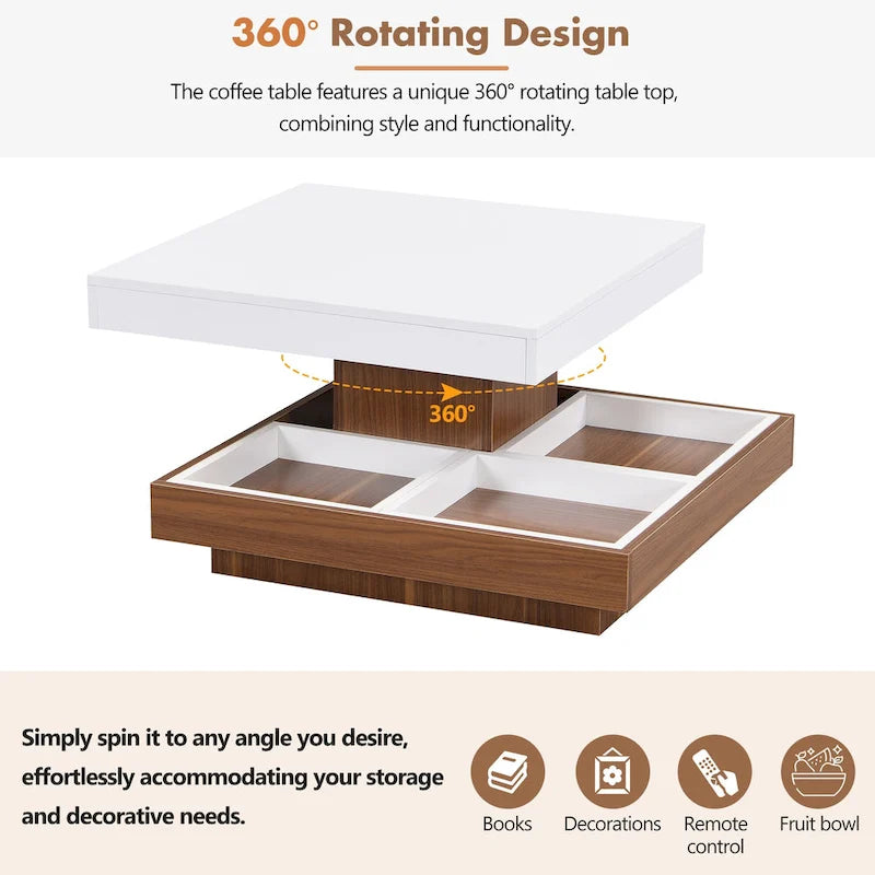 Modern 2-Tier Square 360Rotating Coffee Table with 3 Detachable Tray