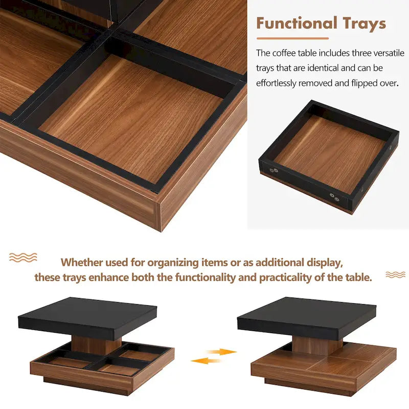 Modern 2-Tier Square 360Rotating Coffee Table with 3 Detachable Tray
