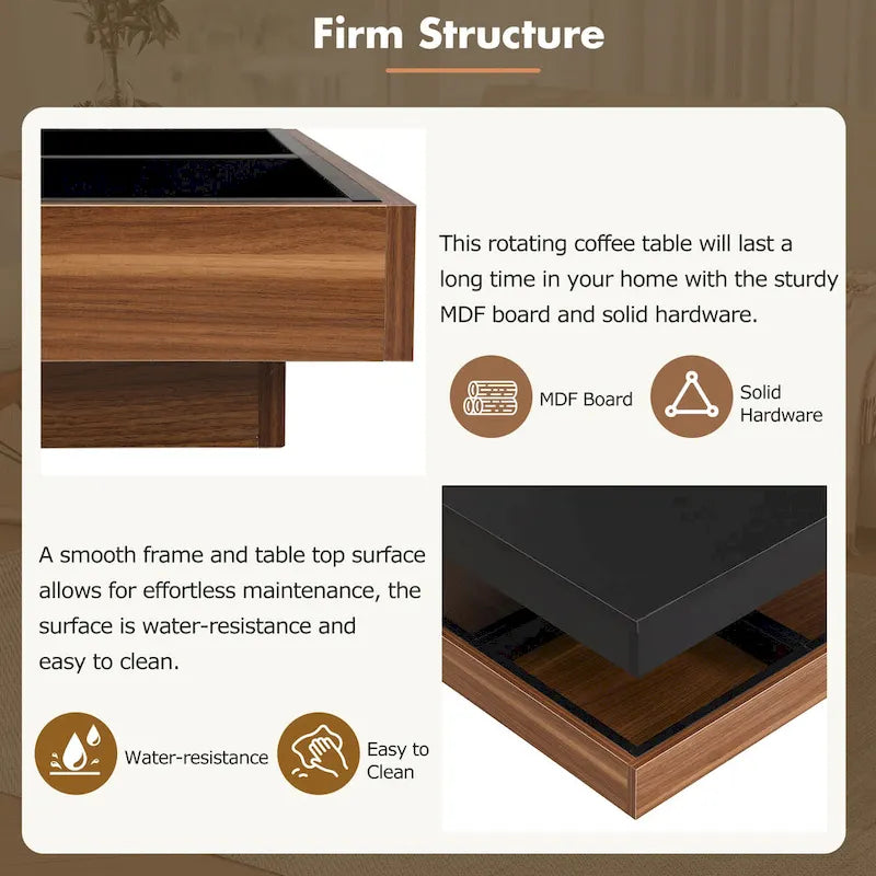 Modern 2-Tier Square 360Rotating Coffee Table with 3 Detachable Tray