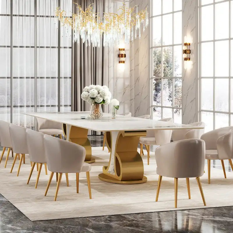 Luxury Rectangular Sintered Stone Dining Table with Stainless Steel Base for 8-10