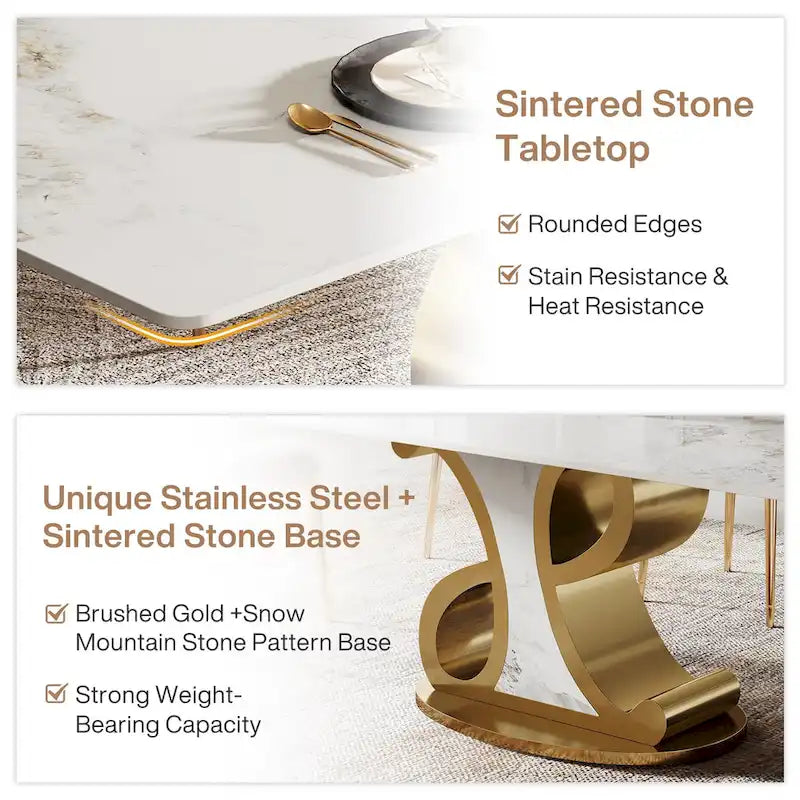 Luxury Rectangular Sintered Stone Dining Table with Stainless Steel Base for 8-10