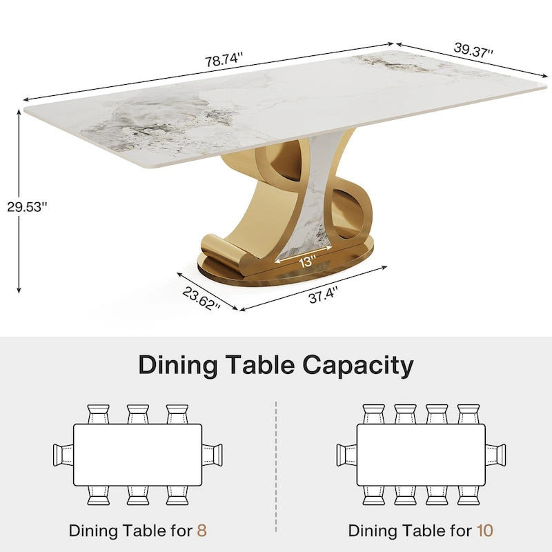Luxury Rectangular Sintered Stone Dining Table with Stainless Steel Base for 8-10