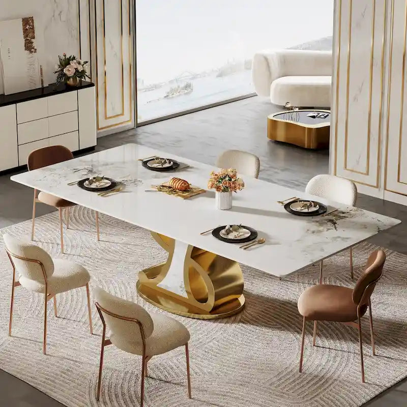 Luxury Rectangular Sintered Stone Dining Table with Stainless Steel Base for 8-10