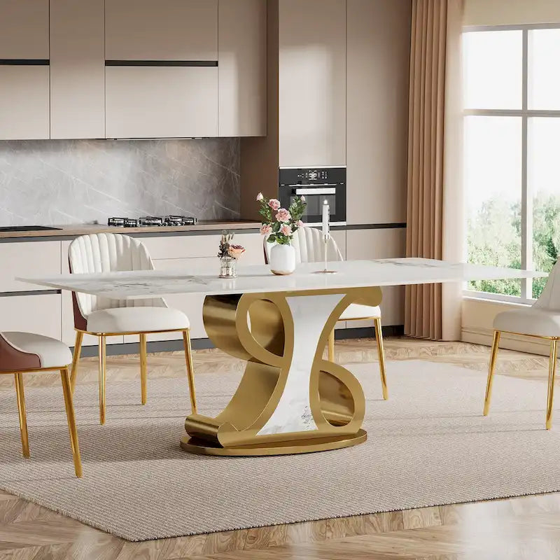 Luxury Rectangular Sintered Stone Dining Table with Stainless Steel Base for 8-10
