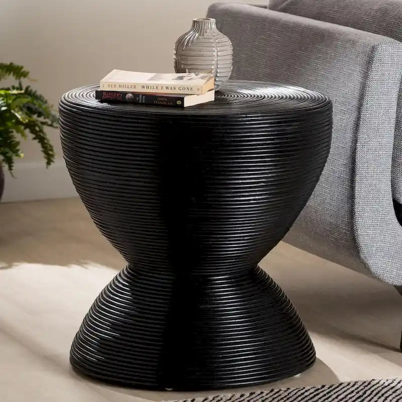 Tokyo Laminated Natural Rattan Side Table - Hourglass Table with Sculptural Design, Boho Chic Style for Living Room