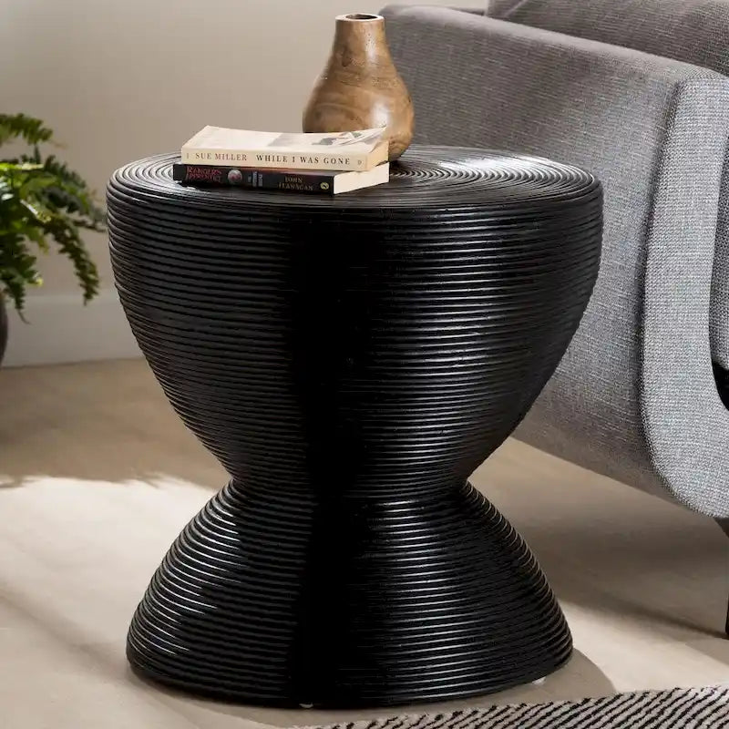 Tokyo Laminated Natural Rattan Side Table - Hourglass Table with Sculptural Design, Boho Chic Style for Living Room