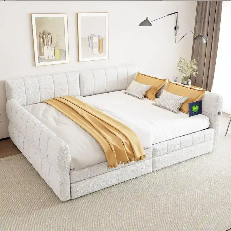 Queen Size Upholstered Platform Bed with USB and 2 Drawers, White