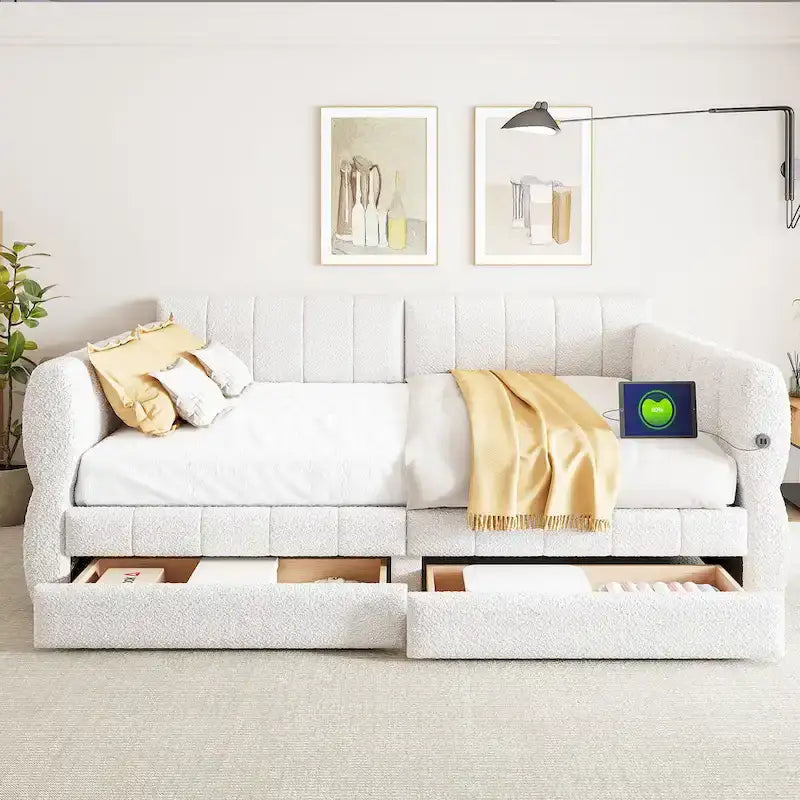 Queen Size Upholstered Platform Bed with USB and 2 Drawers, White